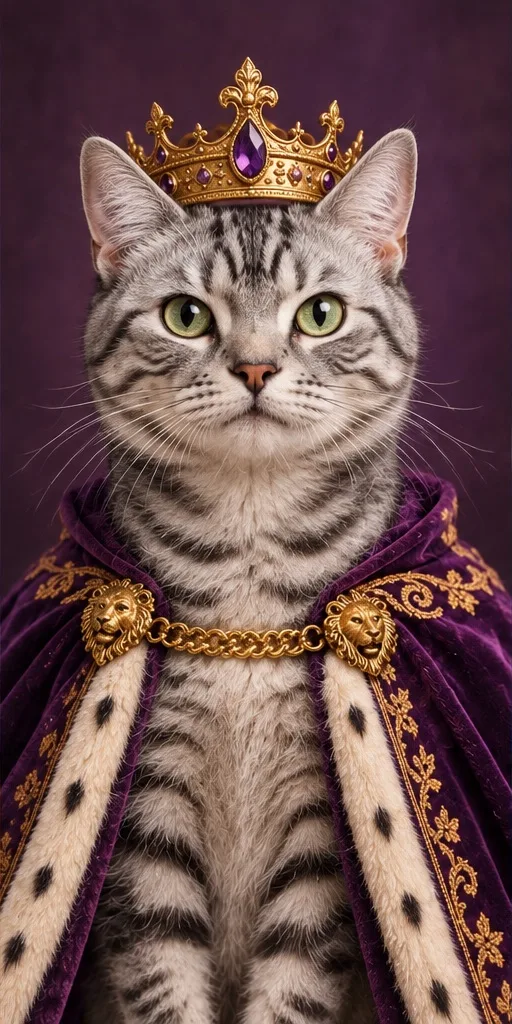 A tabby cat wearing a crown and royal purple cape
