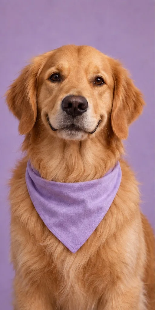 A golden retriever wearing a lavender bandana