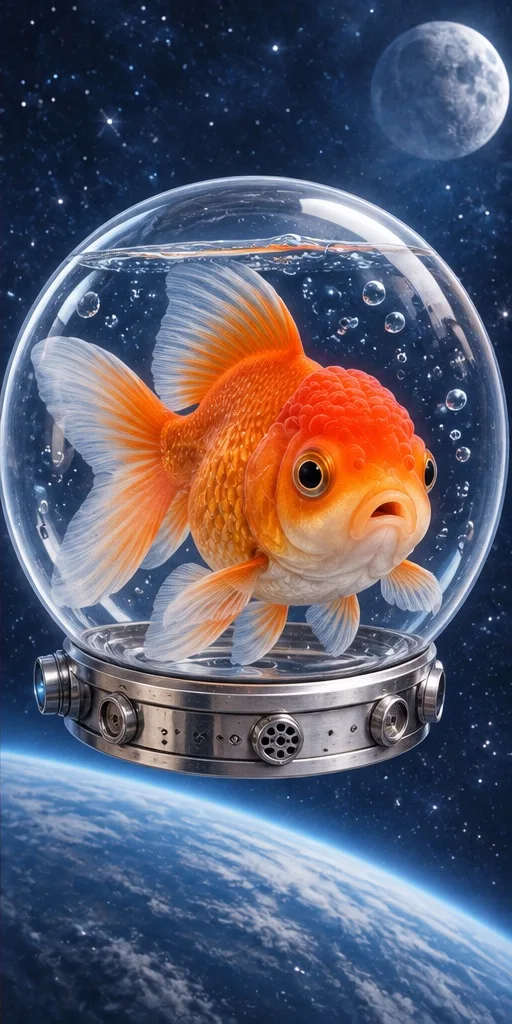 A goldfish in a space helmet above Earth
